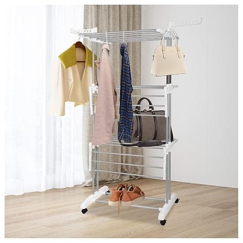 Bigzzia Clothes Drying Rack, Folding Stainless Steel Drying Rack Clothing Indoor Outdoor, Space-Saving, 4 Tier Laundry Drying Rack with Two Side Wings -Grey White - Grey White - 4 Tier thumbnail 2