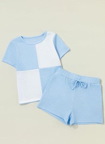 blibean Girls Summer Clothes Sets Waffle Colorblock Outfits Size 6-15 Years | Kids 2 Piece Short Sleeve Shirt Shorts Suits, Fashion Contrast, Round Neck,With Pockets,Back to School ,Casual thumbnail 5