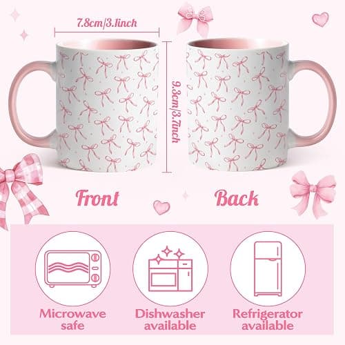 R HORSE Pink Bow Coffee Cup - 11.2oz Watercolor Ceramic Coffee Mug, Cute Tea Milk Cup for Office and Home, Aesthetic Christmas Birthday Gifts for Girls Teens Women Friends Mom thumbnail 3