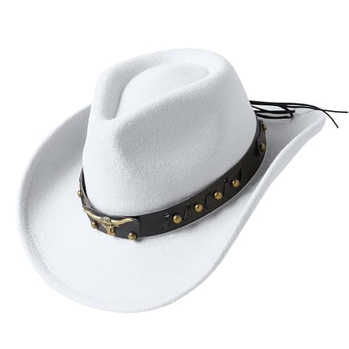 Jastore Western Cowboy Hat for Kids Boy Girl Classic Cowboy Cowgirl Dress Up Hat with Buckle Belt - White - 5-12 Years - Image 1