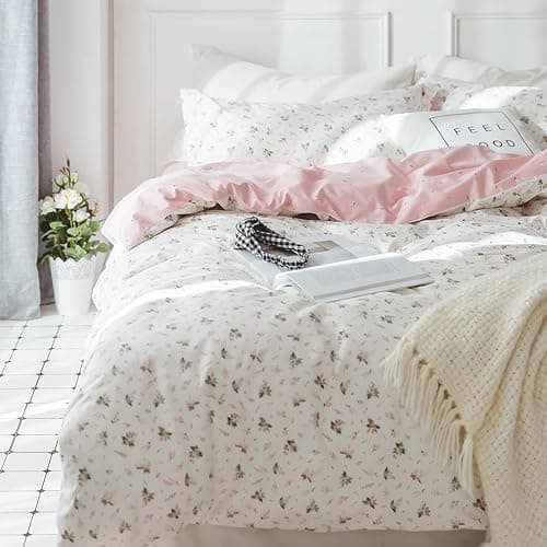 HighBuy Girl Floral Duvet Cover Queen Cotton Pink Flower Coquette Bedding Comforter Covers Queen Bedding Set Pink White Lightweight Soft for Girls Garden Style Duvet Cover for Children thumbnail 2