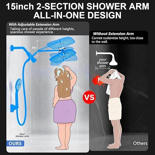 High Pressure Rain Shower Head with Handheld,Wide Rainfall Shower Head Combo with 15" Metal Extension Arm,Detachable Shower head,Rainfall Shower Head with Multi Modes Handheld Spray,Chrome thumbnail 6