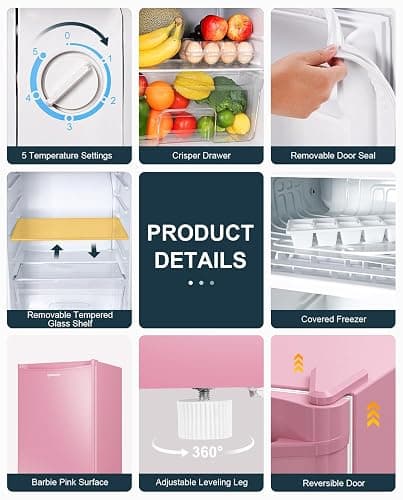 Upstreman 3.2 Cu.Ft Mini Fridge with Freezer, Single Door Mini Fridge, Dorm Fridge, Adjustable Thermostat, Mini Refrigerator for Bedroom, Office, Dorm, Pink-BR321 thumbnail 4