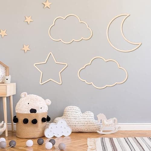 Kathfly4 Pieces Boho Nursery Cloud Star Wall Decor Wooden Babyroom Moon Rattan Wall Decor Wooden Rainbow for Children Baby Kids Boys Girls Bedroom Nursery Pendant(Cloud Moon Star) thumbnail 6