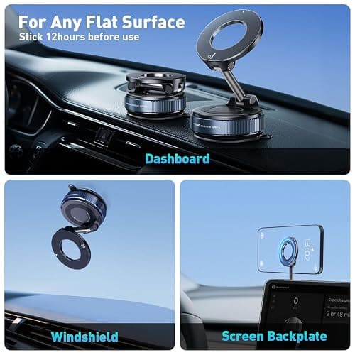 TUTGLOBAL Magnetic Car Phone Holder Mount【Upgraded Anti-Loose-Arm Version】 360° Adjustable Nano Gel Vacuum Suction Cup Phone Holders for Your Car for MagSafe Cases iPhone 17-12 [108lbs & 3000gf] thumbnail 3