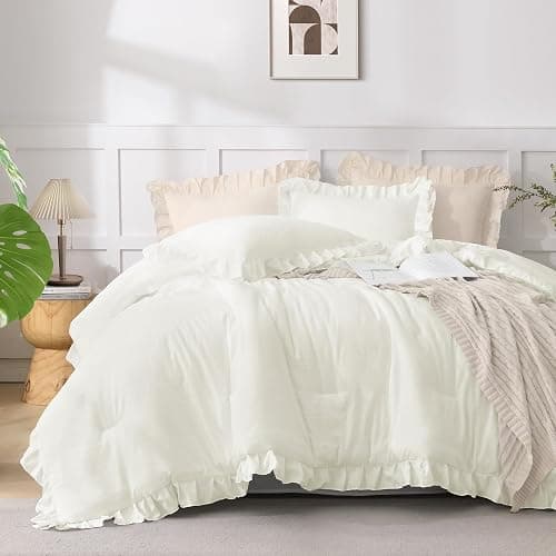 Andency Ivory Comforters Queen Size, 3 Pieces Solid Shabby Chic Farmhouse Bedding Comforters & Sets, Lightweight Fluffy All Season Soft Down Alternative Bed Set for Women Men thumbnail 7