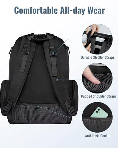 Mancro Diaper Bag Backpack, Multifunctional Dad Diaper Bag with 2 Side Insulated Pockets, Travel Water Resistant Baby Diaper Backpack for Men Women with Stroller Straps, Black thumbnail 7