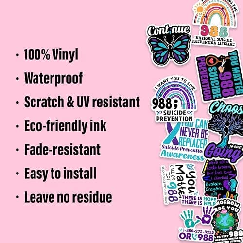 HOSALA (10Pcs-3in) 988 Suicide Prevention Sticker Pack, Teal & Purple Ribbon Suicide Awareness Sticker, Mental Health Motivational Gift, Positive Affirmations Decor for Laptop Tablet Helmet Vehicle thumbnail 3