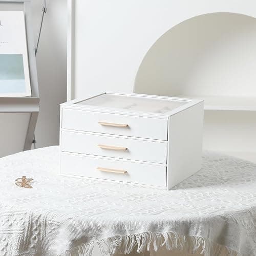 Frebeauty Clear Lid Jewelry Box,3-Layer Jewelry Organizer with Drawer,PU Leather Jewelry Organizers and Storage,Jewelry Boxes for Women,Jewelry Storage for Rings Earring Stud,Gift for Women(White) thumbnail 6