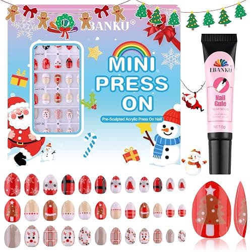 EBANKU Christmas Kid Press on Nails, 72Pcs Xmas Almond Fake Nails Kit Full Cover Christmas Theme Design False Nail with Nail Glue for Girl - Image 1