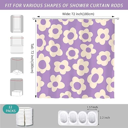 Visioun Purple Cute Retro Floral Abstract Flower Shower Curtain for Bathroom 72W*72H Inch 70s Lovely Vintage Aesthetic Funky Bathtub Decor Modern Trendy Waterproof Polyester Fabric Set with 12 Hooks thumbnail 2