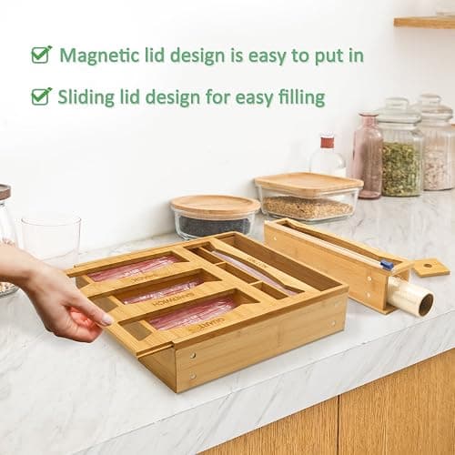 WHOMASS 6-in-1 Magnetic Bamboo Drawer Organizer for Food Bags and Wraps Adjustable Compartment Storage with Dispenser and Cutter Fits Gallon Quart Sandwich and Snack Sizes thumbnail 6
