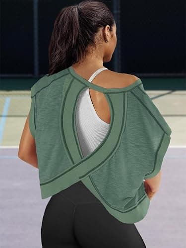 Panadila Womens Open Back Workout Top Oversized Workout T Shirts Backless Athletic Shirt Short Sleeve Baby Tee thumbnail 3