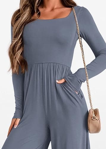 KIRUNDO Long Sleeve Jumpsuit for Women 2026 Spring Summer Airport Travel Outfits One Piece Square Neck Wide Leg Pants Romper thumbnail 7