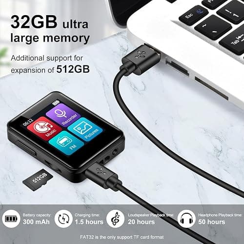 MP3 Music Player 32GB with Bluetooth, Portable Mini Music Player with 1.8 inch Screen, Speakers, FM Radio, Recorder, Up to 512GB, Black thumbnail 3
