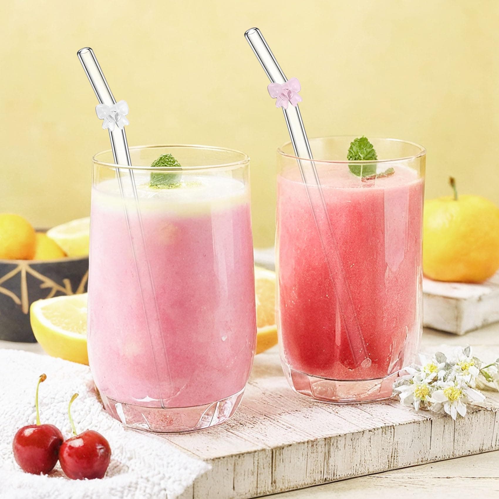 6 Pcs Glass Straws with 2 Cleaning Brushes, Cute Pink Bow Glass Straws Shatter Resistant, Reusable Straw Dishwasher Safe for Coffee Lover, Milkshake, Smoothies, Juice, Aesthetic Gift thumbnail 7