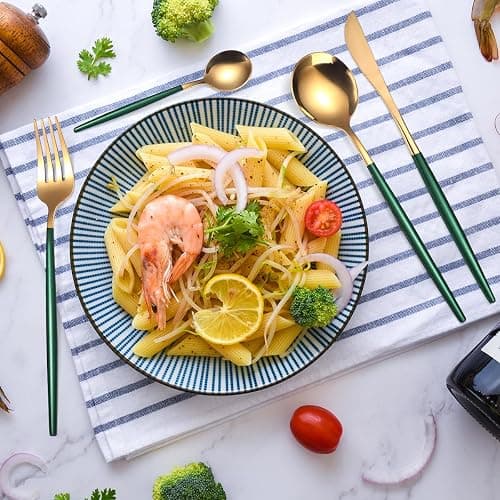 AARAINBOW 8 Pieces Stainless Steel Flatware Set Portable Reusable Cutlery Set Travel Utensils Set Including Chopsticks Knife Fork Spoon Straws Cleaning Brush Dishwasher Safe (Green Golden) thumbnail 2