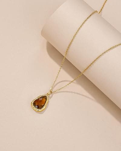 18K gold plated Brown Amber Teardrop CZ Stacked Pendant Necklace for Women by SNGIA, Dainty Drop Layered Trendy Gemstone Charm Statement Jewelry Gifts, Bohemian Vintage Handmade Unique Exaggerated Cute Thin Skinny Chain Necklace, Summer Beach Fashion Nickle Free Rhinestone Accessories thumbnail 3