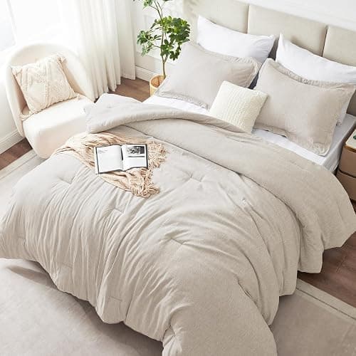 CozyLux Full Size Comforter Set - 3 Pieces Beige Soft Luxury Cationic Dyeing Bedding Comforter for All Season, Breathable Lightweight Fluffy Boho Bed Sets with 1 Comforter and 2 Pillow Shams - Image 1