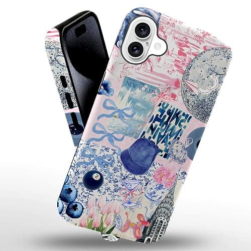 Generic Case Compatible with iPhone 16,Scratch Resistant Hybrid 2-Layer Hard Shell Phone Case,Ball Blue Bow Flower Collage Aesthetic thumbnail 2