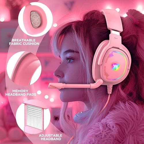 Jimonyer Gaming Headset for PC/PS4/PS5/Xbox One/Switch, Stereo Surround Sound Gaming Headphones with Noise Canceling Flexible Mic, Computer Headset with 3.5mm Jack & RGB Light (Pink) thumbnail 5