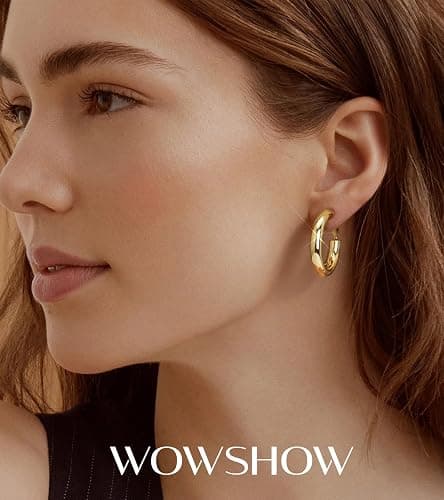 wowshow Gold Hoop Earrings for Women Chunky Hoops 14K Gold Plated Thick Hollow Tube Lightweight Earrings for Mother Birthday Gifts 20/25/30/40/50MM thumbnail 2