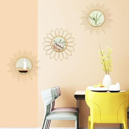 3 Pack Metal Mirrors for Wall Sunburst Wall Mirrors Home Décor Decorative Hanging Wall Art for Living Room Bedroom Entryway (Gold, Flower+Sunburst) thumbnail 6