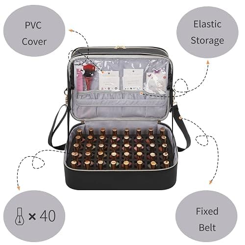 Nail Polish Organizer Bag Holds 50+ Bottles (15ml/0.5 fl.oz) &UV Nail Lamp | Portable Durable Gel Polish Travel Case Bag for Nail Suppiles, Gifts for Women, Manicurist Nail Kit Bag, PU Leather Black thumbnail 5