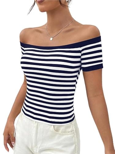 LilyCoco Off The Shoulder Tops for Women Striped Short Sleeve Sexy Going Out Top thumbnail 3