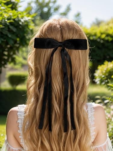 4pcs Hair Clips for Women Tassel Ribbon Bowknot With Long Tail, Clip Girl, Solid Accessories Barrettes Claw Bow (Black&Beige) thumbnail 2