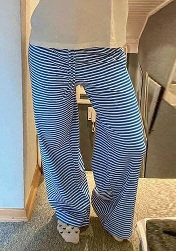 codcm Womens Comfy Pajama Pants Striped Low Waisted Lounge Pants Elastic Waist Drawstring Long Trousers thumbnail 3