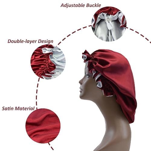 Beutyme Silk Bonnet for Sleeping Satin Bonnets Double Layer Reversible Hair Cap Bonnet for Women Long Curly Braid Hair (Crimson) thumbnail 3