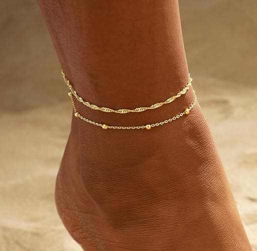 2/3 PCS Gold Anklets for Women Waterproof Cuban Link Anklet Beaded Bracelets Stackable Bracelets 14K Gold Plated Custom Jewelry Gifts Non Tarnish Lightweight thumbnail 3