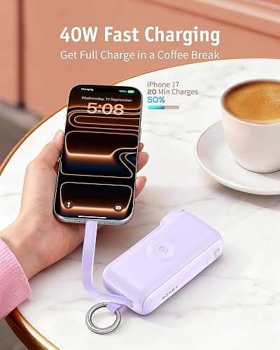 RORRY Flow Portable Charger 10000mAh 40W Wall Plug Power Bank Battery Pack | Built-in USB-C Cable, Keychain Design, Fast Charging, for iPhone 18 Pro/17/16/15, Apple Watch, iPad, Travel Essential thumbnail 3