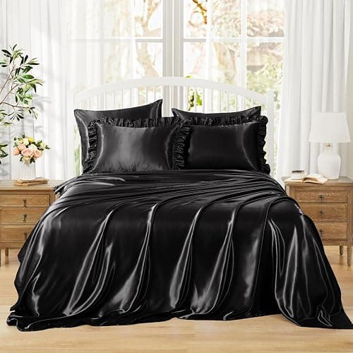Homiest Ruffled Satin Sheets Full Size 6pc Set - Black Bed Sheet Set with 15 Inch Deep Pocket Fitted Sheet, 1 Flat Sheet, 2 Ruffled Pillow Shams & 2 Pillowcases, Similar to Silk Sheets thumbnail 2