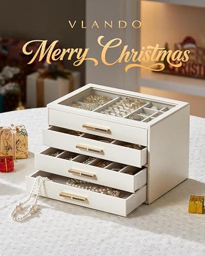 Vlando 4 Layer Jewelry Box for Women, Glass Lid Jewelry Organizer with 4 Drawers for Necklaces Rings Earrings Bracelets - Cloud White thumbnail 3
