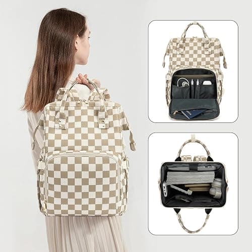 Dezcrab Laptop Backpack for Women, Corduroy College School Backpack Bookbag 15.6 inch Business Computer Travel Backpack (Checkered Brown) thumbnail 3