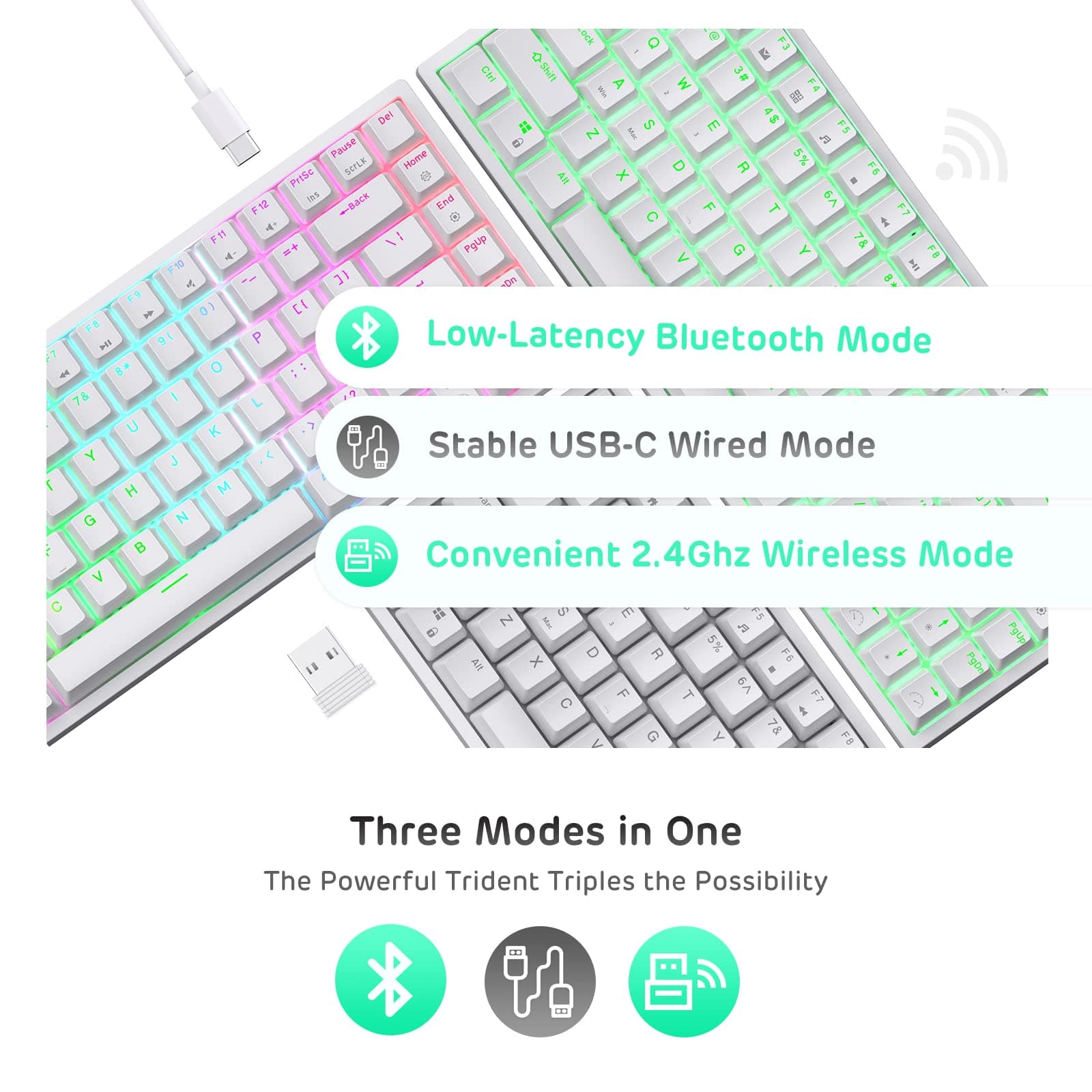 RK ROYAL KLUDGE RK84 Wireless Bluetooth/2.4Ghz 75% RGB Mechanical Gaming Keyboard, Three Modes Connectable Keyboard with Hot-Swappable Quiet Red Switch White thumbnail 4
