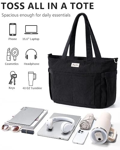Corduroy Tote Bag for Women, 17 Pockets Laptop Work Tote Lightweight Teacher Nurse Bible Shoulder Bag for School Daily Travel thumbnail 5