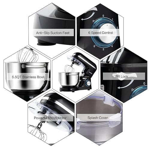 Aucma Stand Mixer,6.5-QT 660W 6-Speed Tilt-Head Food Mixer, Kitchen Electric Mixer with Dough Hook, Wire Whip & Beater (6.5QT, Black) thumbnail 5
