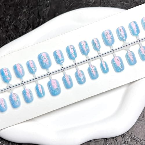 Summer Press on Nails Short Square Fake Nails Blue Chrome False Nails Press ons with Sea Waves Ocean 3D Design Glue on Nail Beach Matte Artificial Acrylic Nails for Women Girls Manicure Deco thumbnail 5