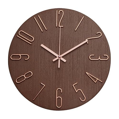 bakbrand Wall Clock 12 Inch Silent Non-Ticking Imitation Wood Indoor Clock Round Brown Decor Clock Modern 3D Figures Quartz Wall Clocks for Home, Hotel, Office, School - Image 1