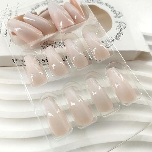 Coffin Press on Nails Medium Fake Nails with Daily Wear Simple Designs Pink & White Gradient Full Cover Glue on Nails Glossy False Nails Press ons for Women 24 Pcs thumbnail 5