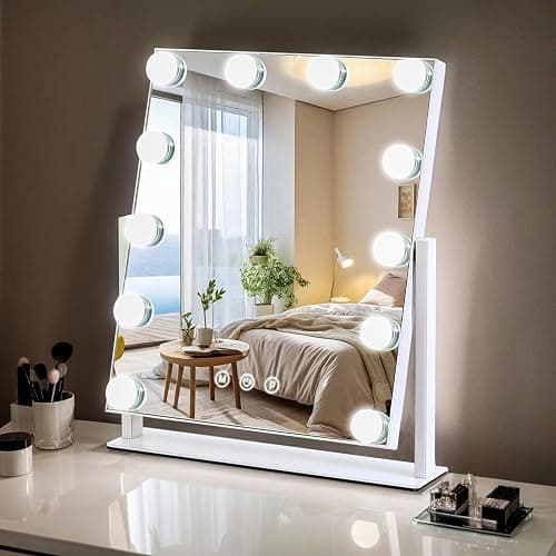 ZBOCAI Vanity Mirror with Lights, 13'' x 11'' Lighted Makeup Mirror for Desk, Hollywood Mirror with 12 Dimmable Bulbs, 3 Color Modes, Smart Touch Control, 360°Rotation, Valentines Day Gifts for Her - Image 1