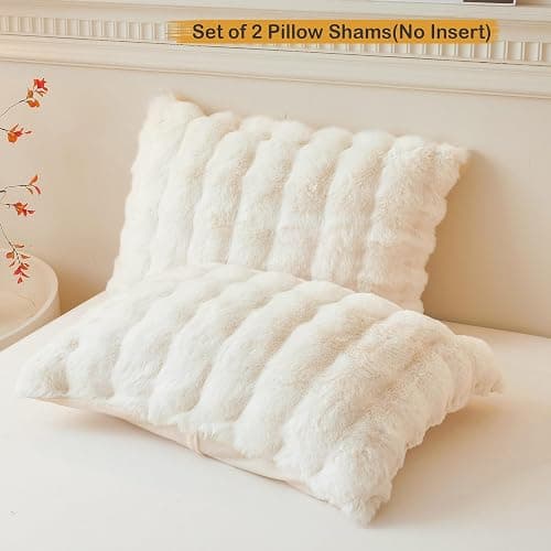 LIFEREVO 2 Pack Fluffy Faux Rabbit Fur Pillow Cases, Luxury Soft Plush Shaggy Bubble Pillowcases Standard Size with Zipper Closure, Furry Fuzzy Ivory Long Pillow Shams Bedroom Living Room 20x26, Beige thumbnail 2