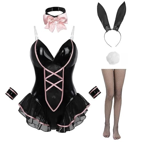 FCCAM Bunny Costume Adult Women One Piece Bodysuit with Bunny Tail Bunny Girl Halloween Cosplay - Black - XX-Large - Image 1