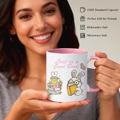 VACNKOCY Cute Bunny Book Lover Coffee Mug – Ceramic Tea Cup with Pastel Flowers and Reading Rabbits, Pink Interior – Gift for Readers, Teachers, Students, Bookworm Coffee Cup, 11oz thumbnail 5