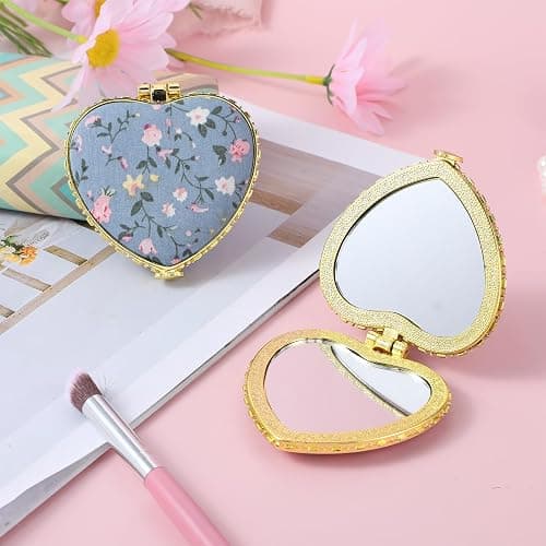 YUXIANLB 2 Pcs Compact Mirror for Purse, Vintage Double-Sided Flower Makeup Mirrors Portable Trave Cosmetic Mirror for Women Girls, Heart Folding Mini Handheld Mirror for Pocket (Pink, Blue) - Pink, Blue thumbnail 7