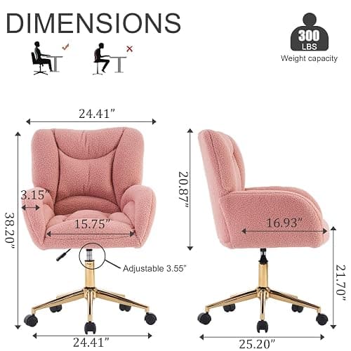 Anewome Swivel Office Desk Chair with Wheels Upholstered Sherpa Desk Modern Armchair Height Adjustable Computer Task Chair Boucle Makeup Vanity Desk with Gold Metal Frame, 38.2" H Pink thumbnail 2