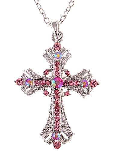 Alilang Silvery Tone Religious Cross Pendant Necklace w/Aquamarine Blue Or Clear Crystal Rhinestones - Image 1
